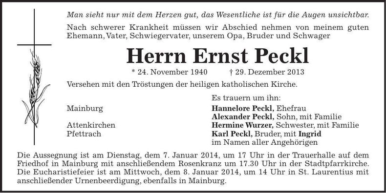 Traueranzeige Ernst Peckl