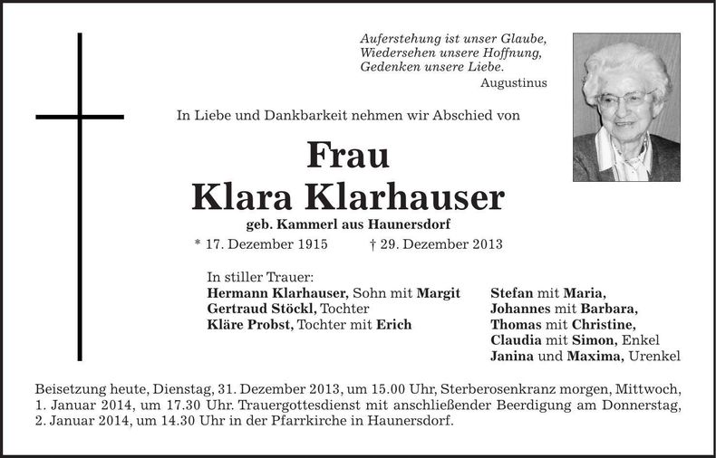 Traueranzeige Klara Klarhauser