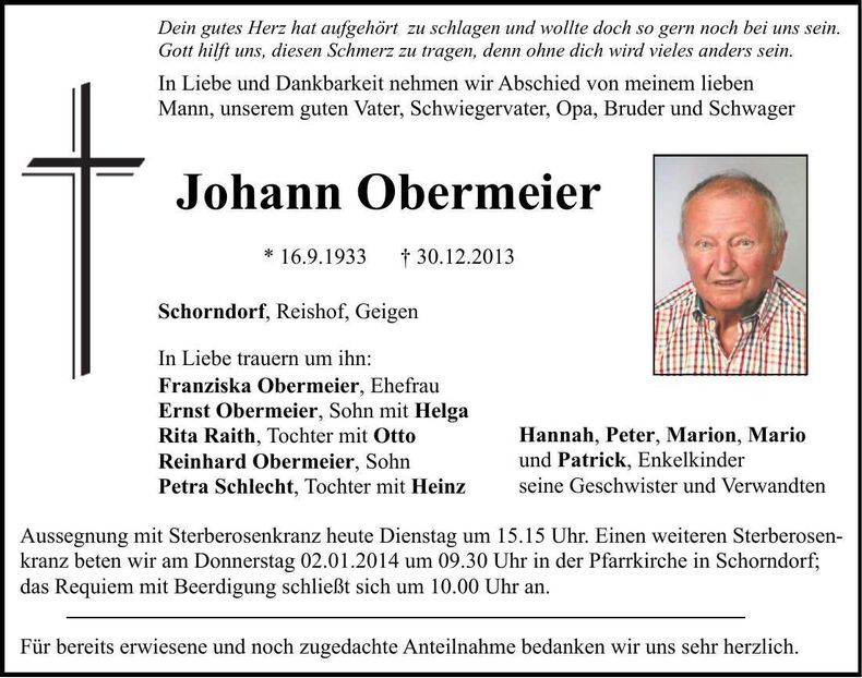 Traueranzeige Johann Obermeier