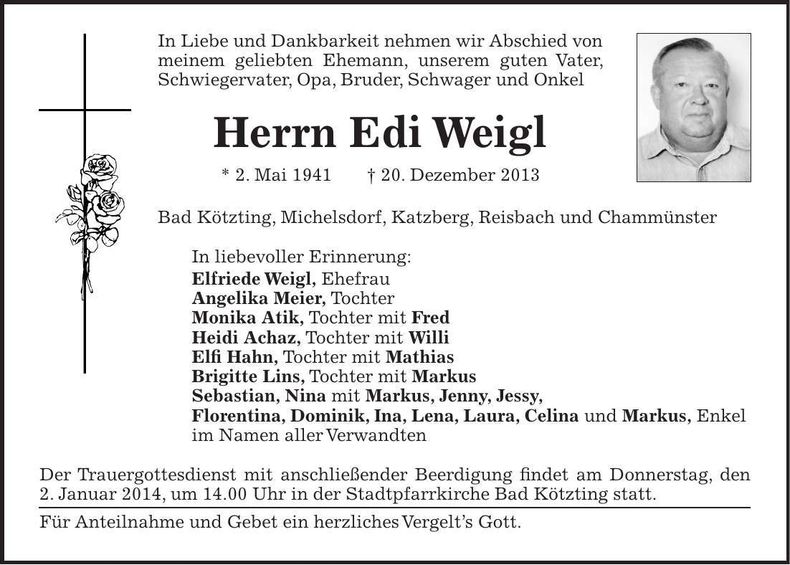 Traueranzeige Edi Weigl