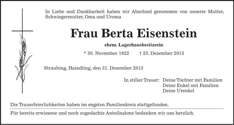 Traueranzeige Berta Eisenstein
