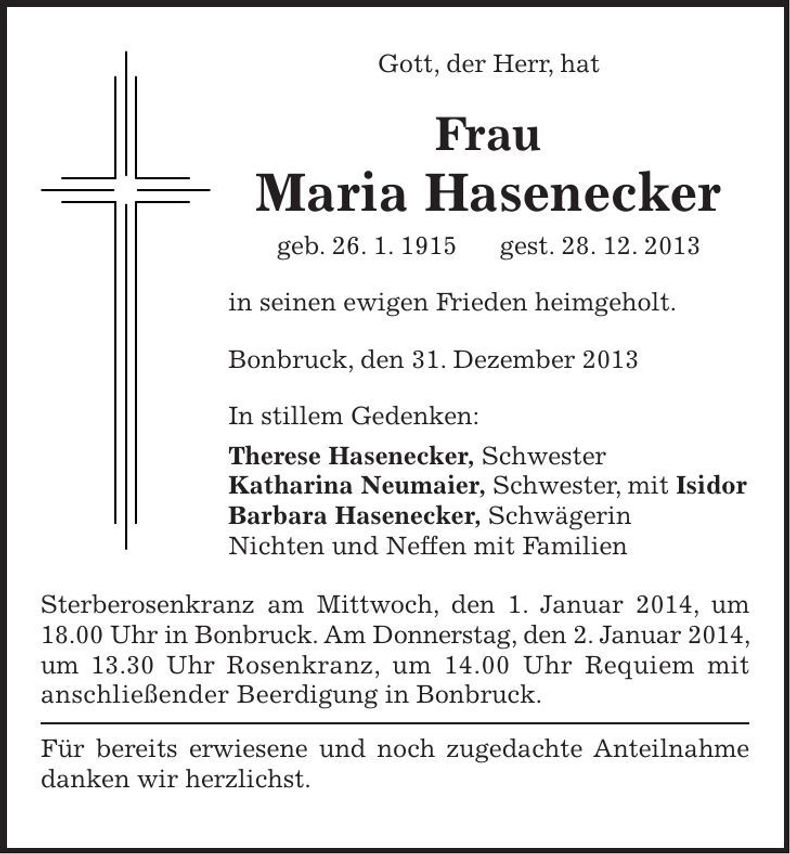 Traueranzeige Maria Hasenecker
