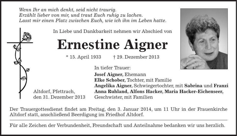 Traueranzeige Ernestine Aigner