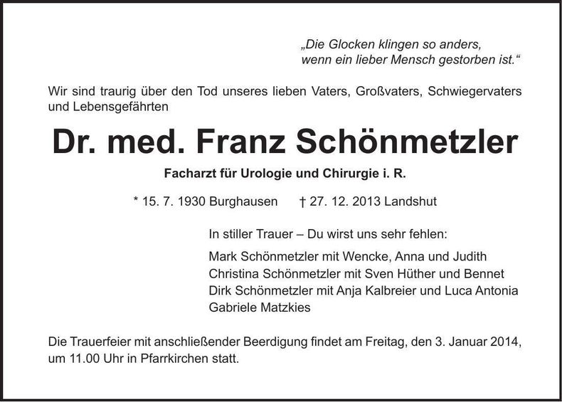 Traueranzeige Franz Schönmetzler