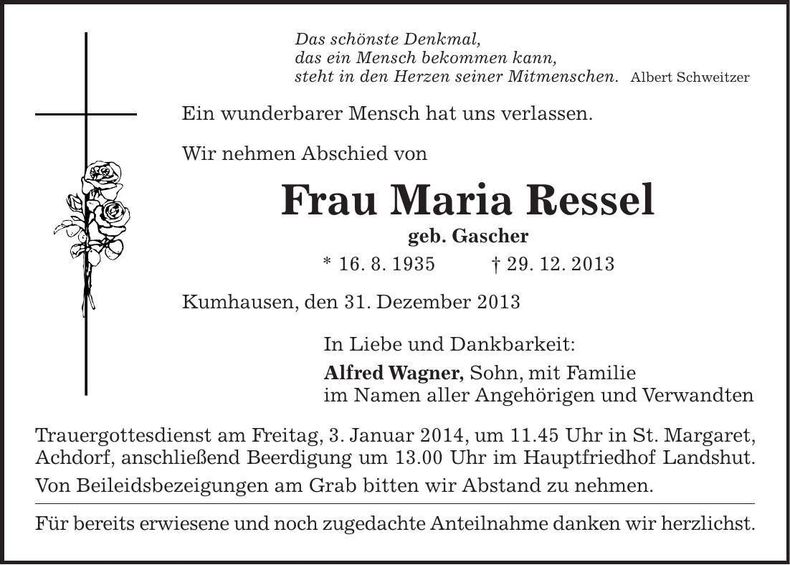 Traueranzeige Maria Ressel