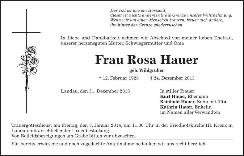 Traueranzeige Rosa Hauer