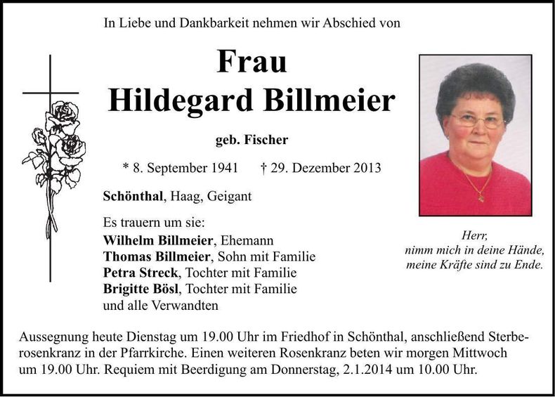 Traueranzeige Hildegard Billmeier