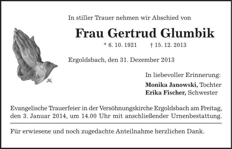 Traueranzeige Gertrud Glumbik