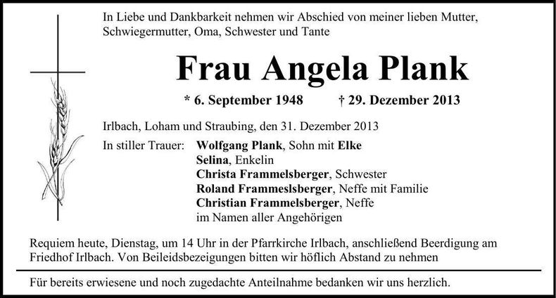 Traueranzeige Angela Plank