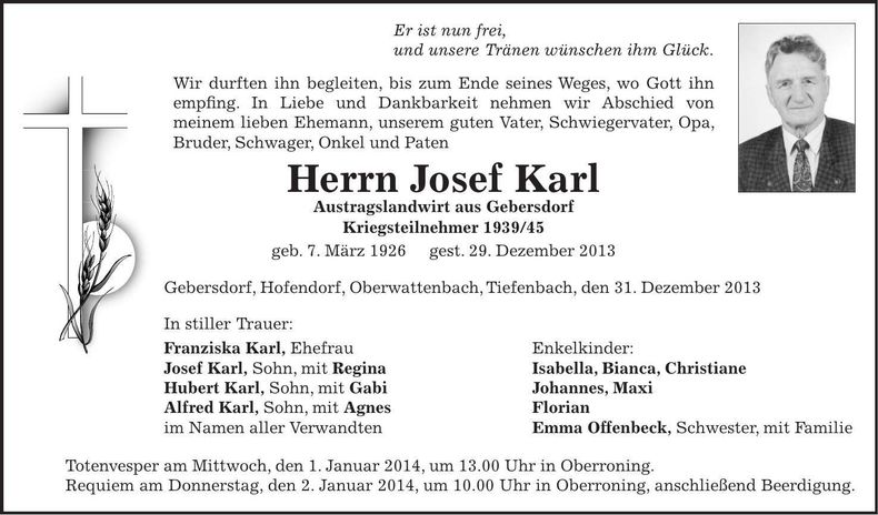 Traueranzeige Josef Karl