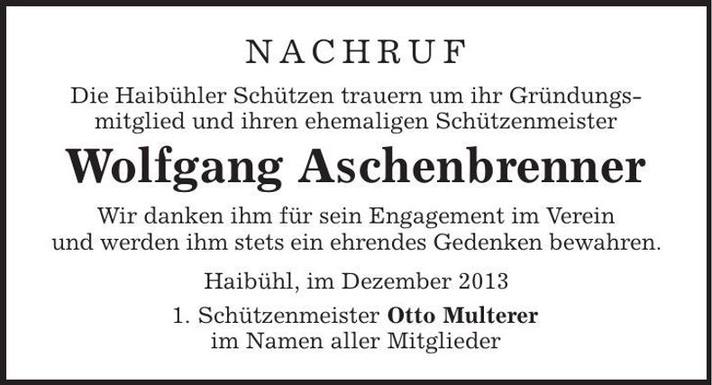 Traueranzeige Wolfgang Aschenbrenner