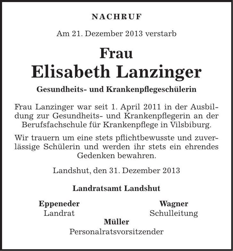 Traueranzeige Elisabeth Lanzinger