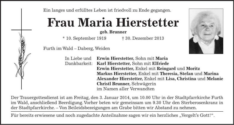 Traueranzeige Maria Hierstetter