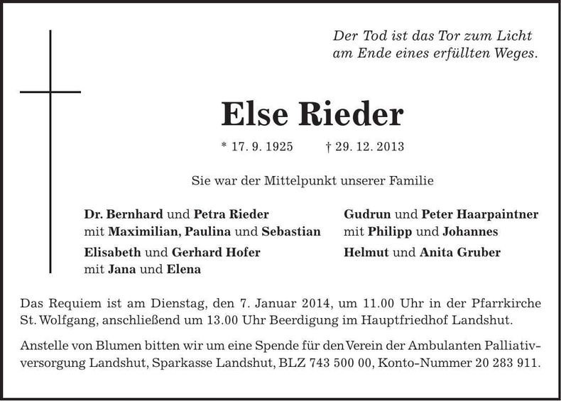 Traueranzeige Else Rieder