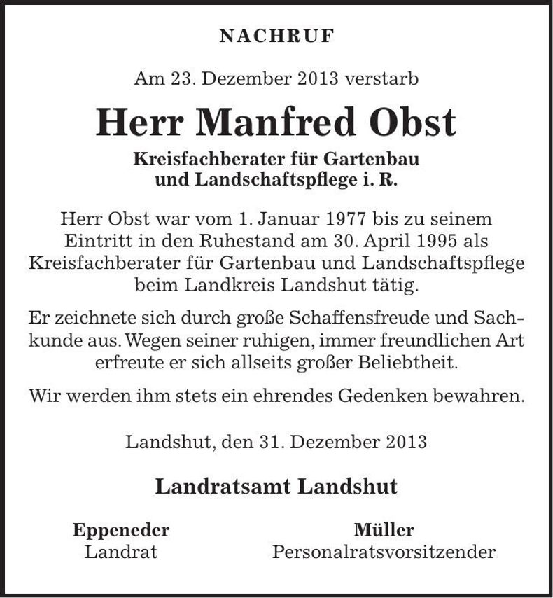 Traueranzeige Manfred Obst