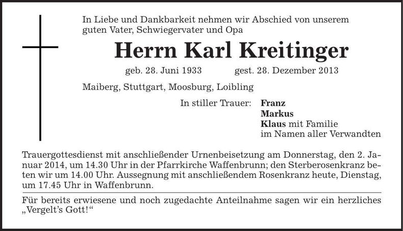 Traueranzeige Karl Kreitinger
