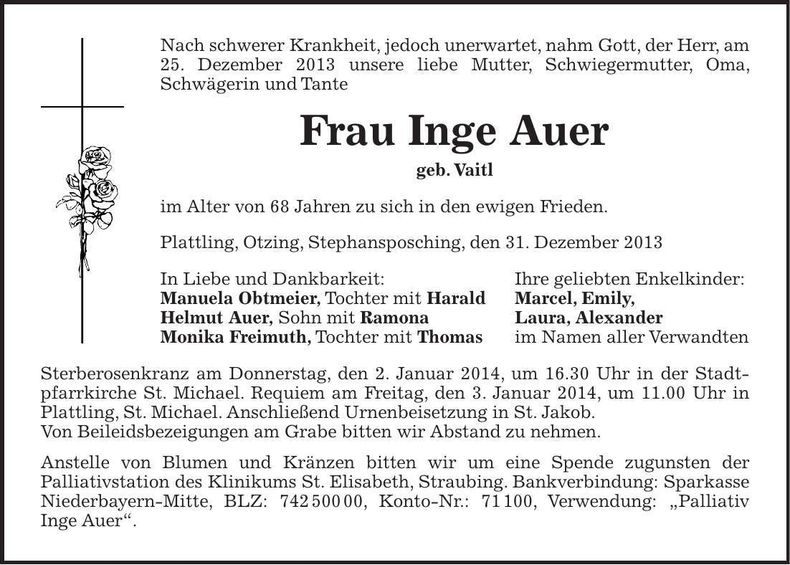 Traueranzeige Inge Auer