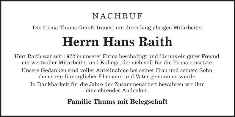 Traueranzeige Hans Raith