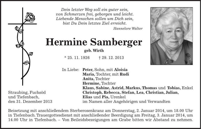Traueranzeige Hermine Samberger