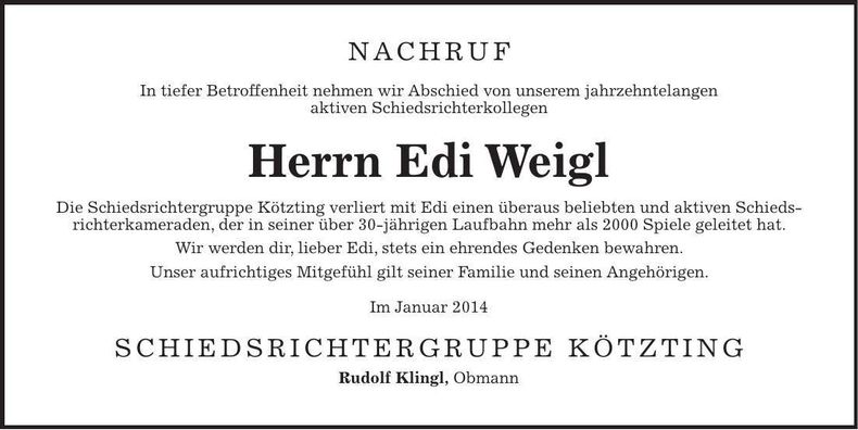 Traueranzeige Edwin Weigl