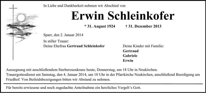 Traueranzeige Erwin Schleinkofer