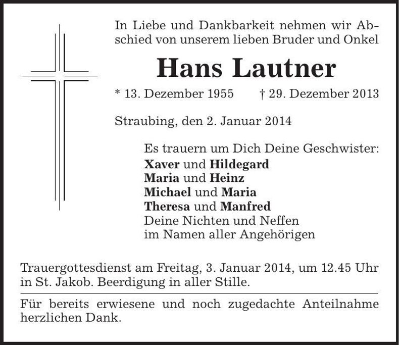 Traueranzeige Hans Lautner