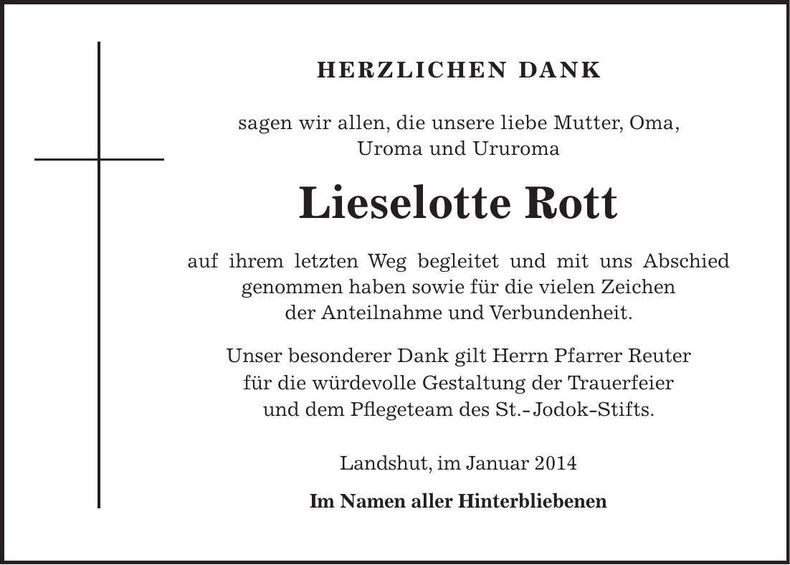 Traueranzeige Lieselotte Rott