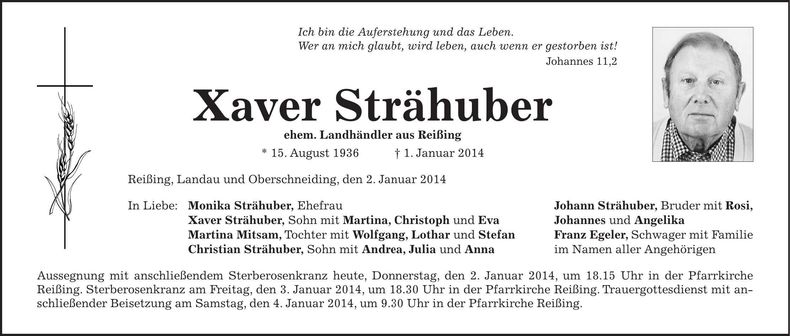 Traueranzeige Xaver Strähuber