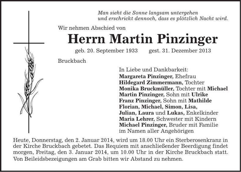 Traueranzeige Martin Pinzinger