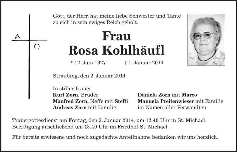 Traueranzeige Rosa Kohlhäufl