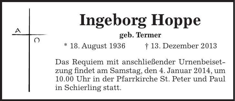 Traueranzeige Ingeborg Hoppe