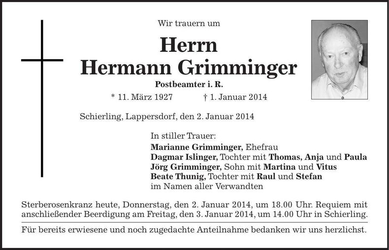Traueranzeige Hermann Grimminger