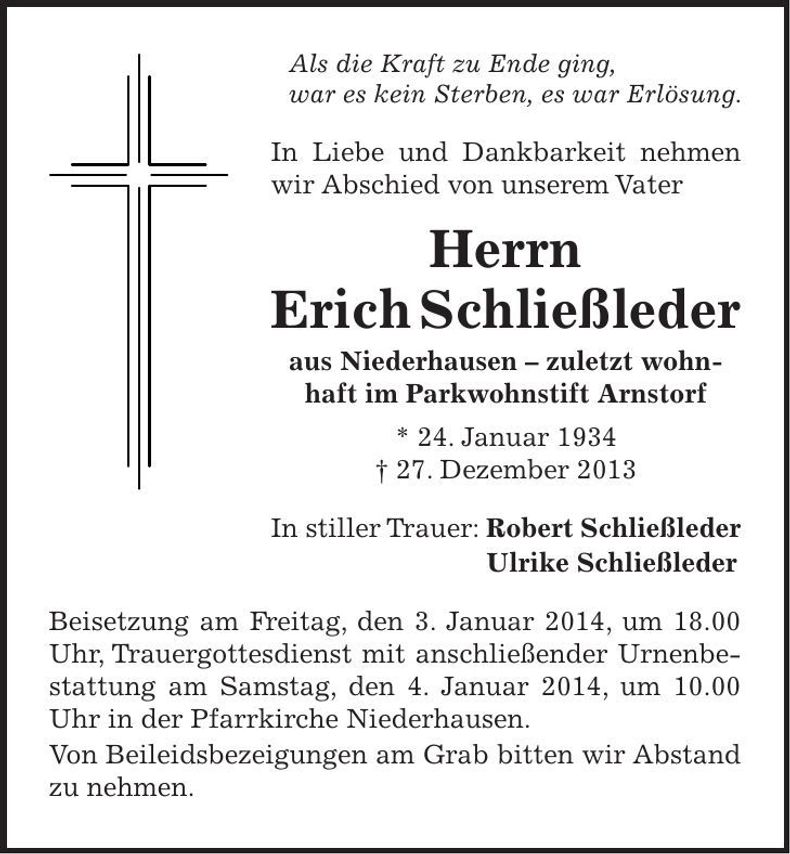 Traueranzeige Erich Schließleder