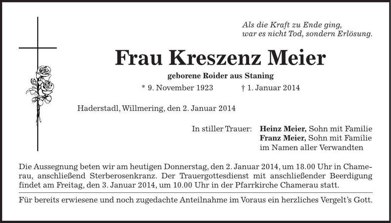 Traueranzeige Kreszenz Meier