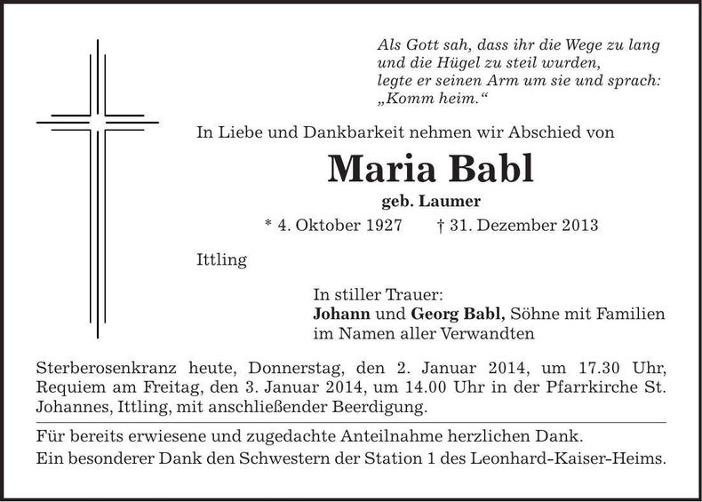 Traueranzeige Maria Babl