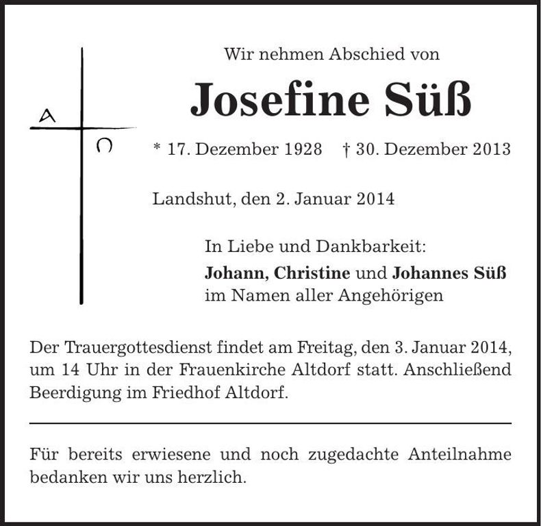 Traueranzeige Josefine Süß