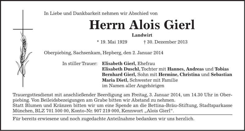 Traueranzeige Alois Gierl
