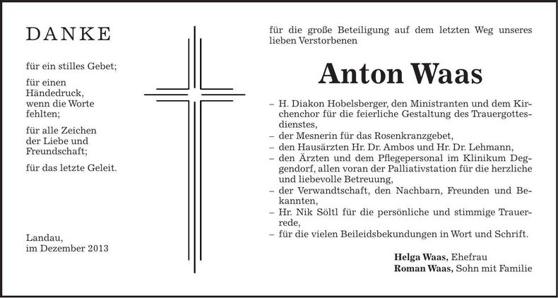 Traueranzeige Anton Waas