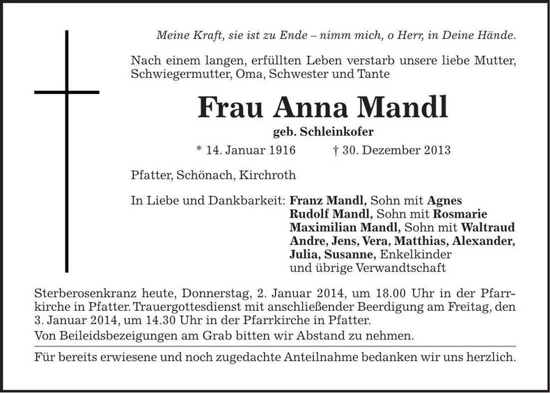 Traueranzeige Anna Mandl