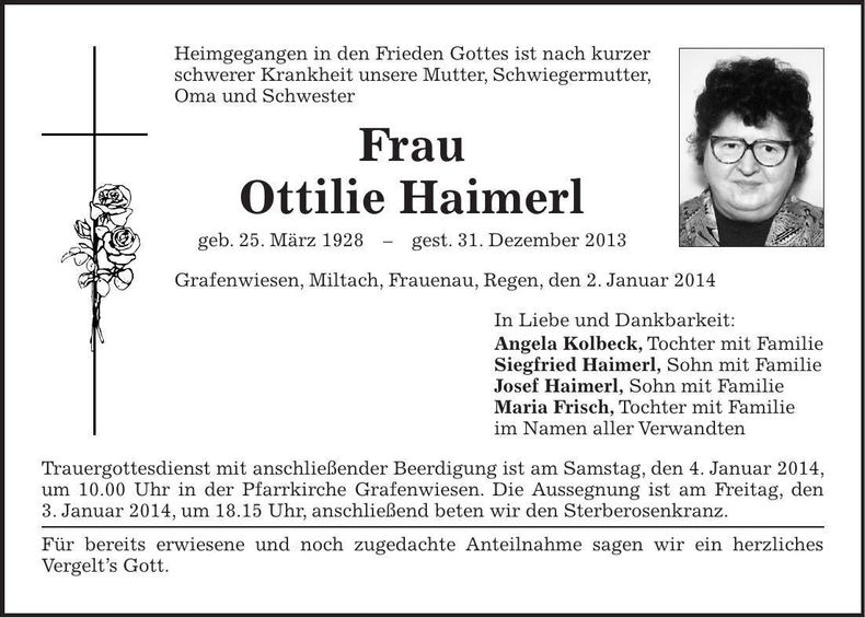 Traueranzeige Ottilie Haimerl