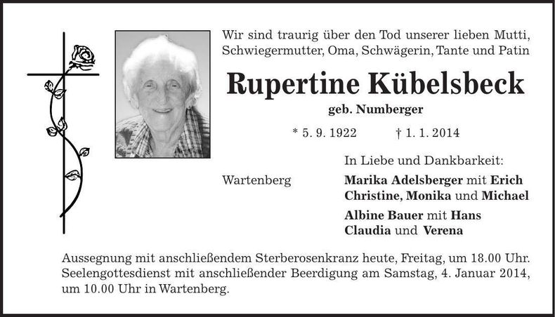Traueranzeige Rupertine Kübelsbeck