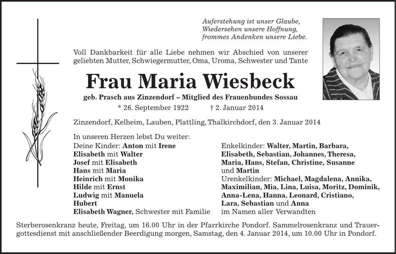 Traueranzeige Maria Wiesbeck