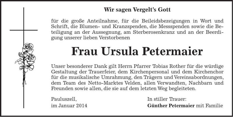 Traueranzeige Ursula Petermaier