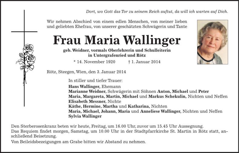 Traueranzeige Maria Wallinger