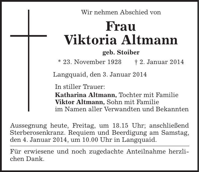 Traueranzeige Viktoria Altmann