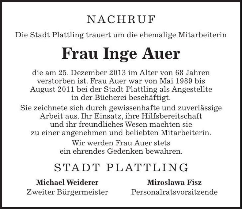 Traueranzeige Inge Auer