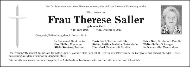 Traueranzeige Therese Saller