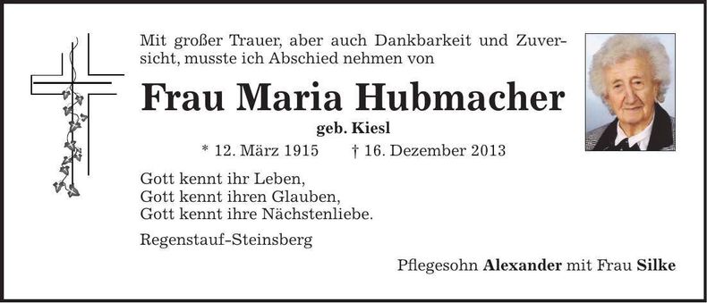 Traueranzeige Maria Hubmacher