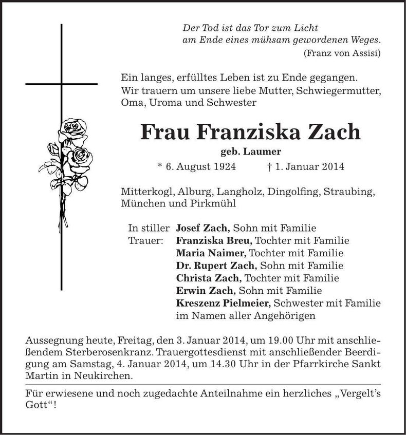 Traueranzeige Franziska Zach