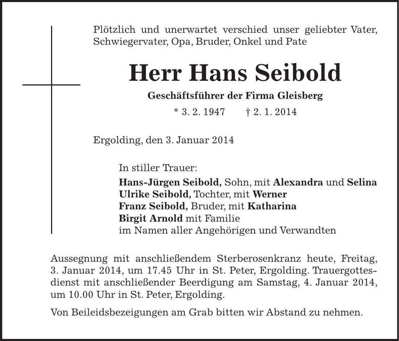 Traueranzeige Hans Seibold